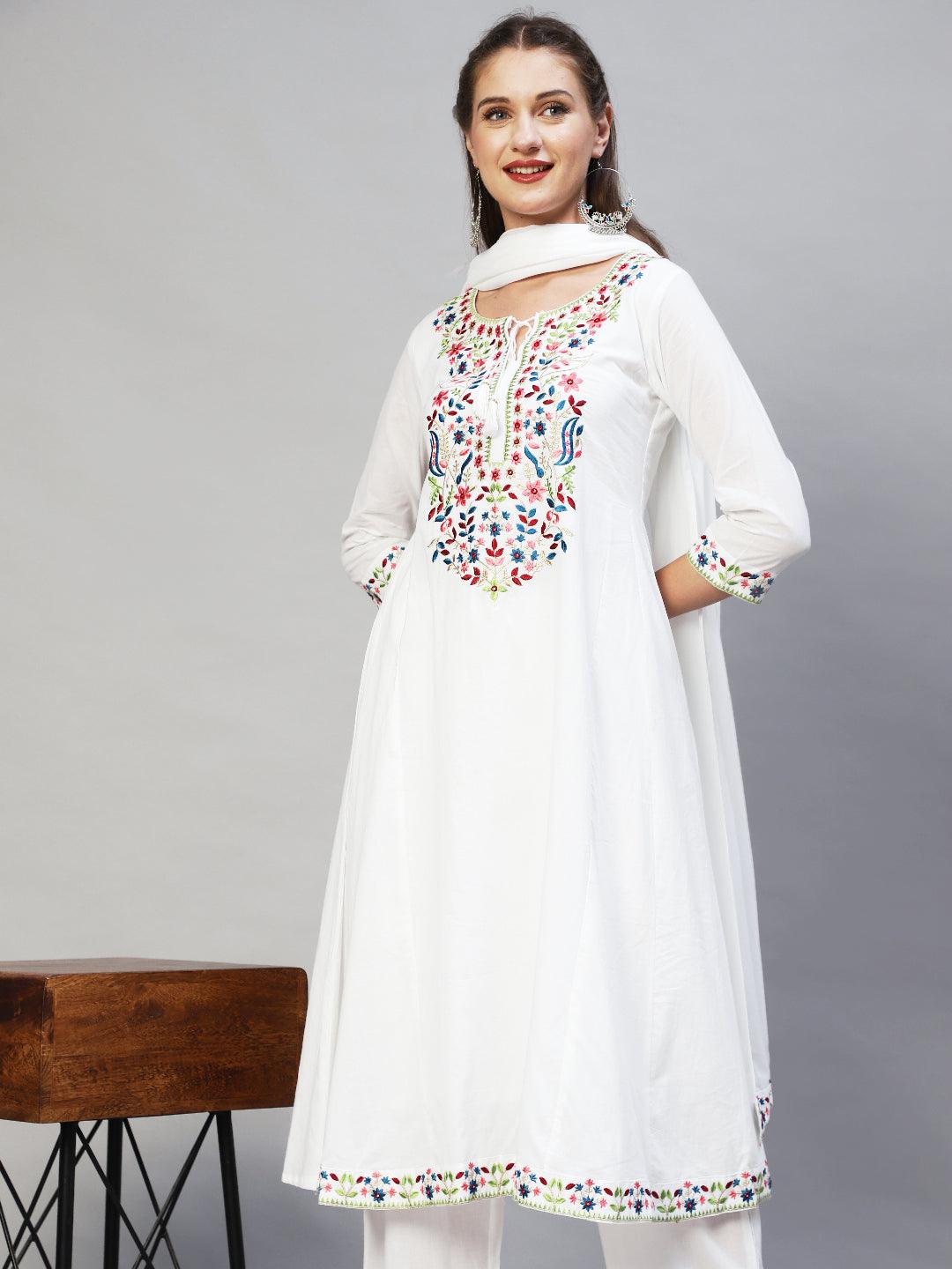 Ethnic Embroidered A-Line Kurta with Palazzo & Dupatta - White - Indiakreations