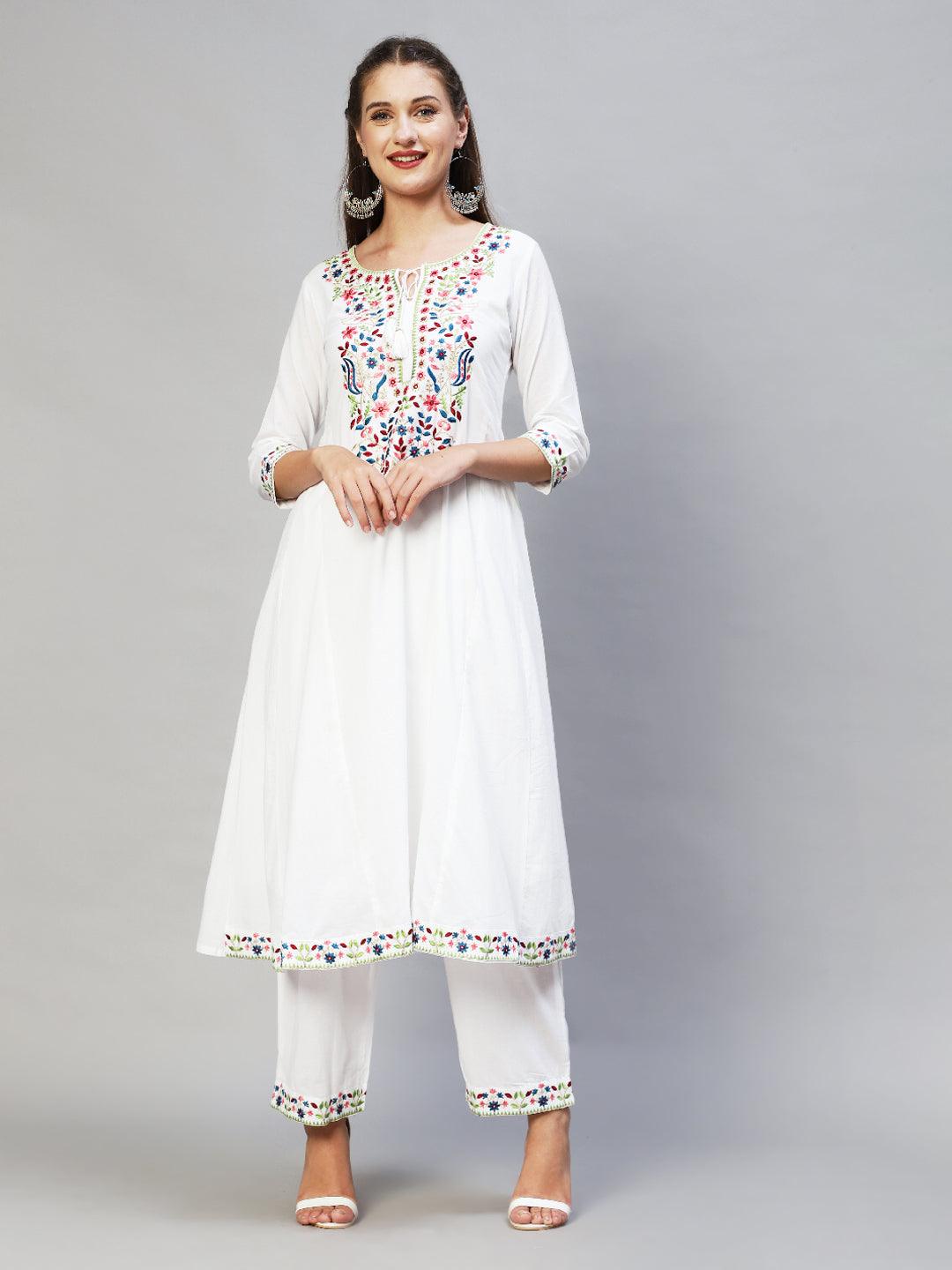 Ethnic Embroidered A-Line Kurta with Palazzo & Dupatta - White - Indiakreations