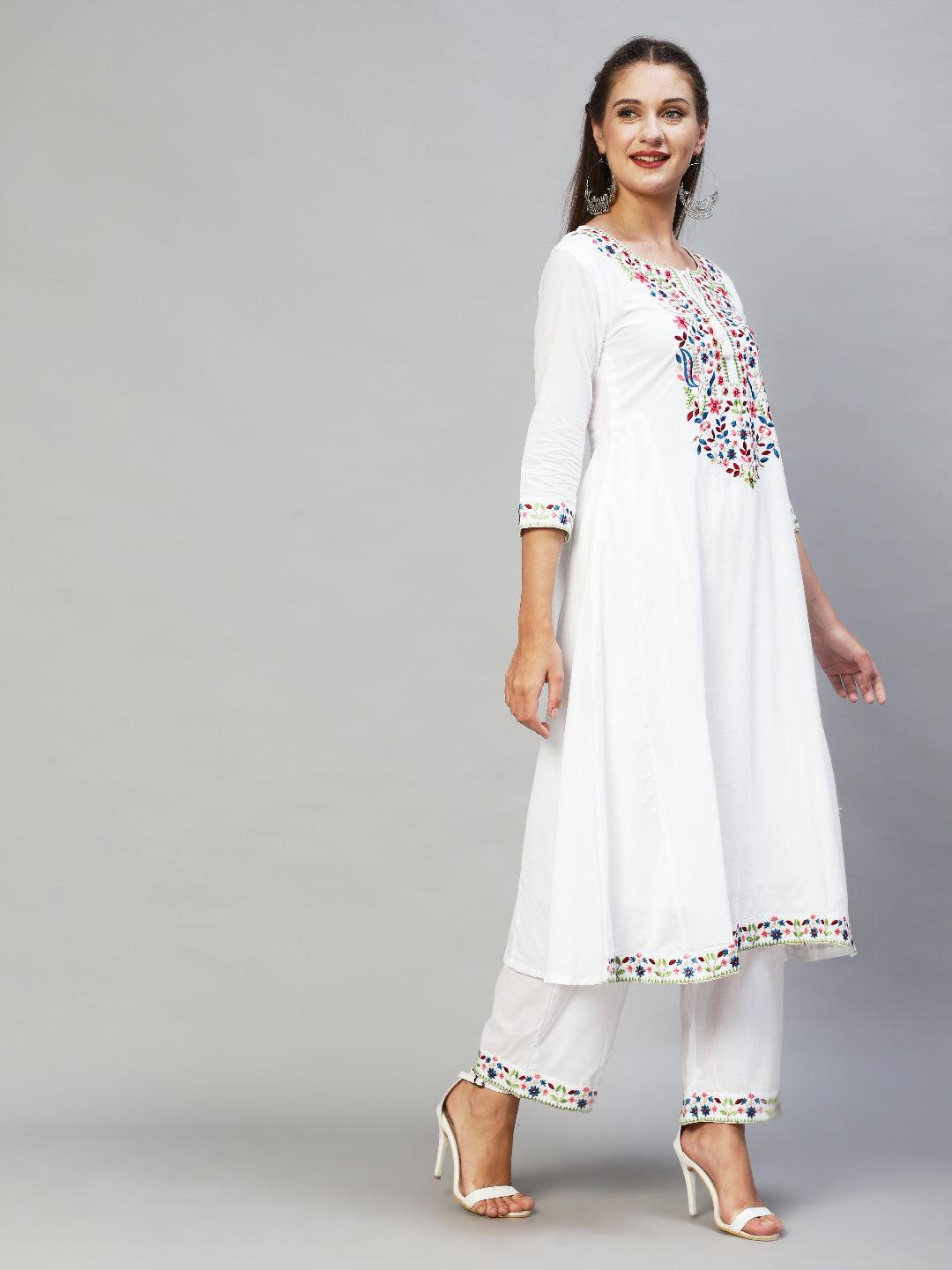 Ethnic Embroidered A-Line Kurta with Palazzo & Dupatta - White - Indiakreations