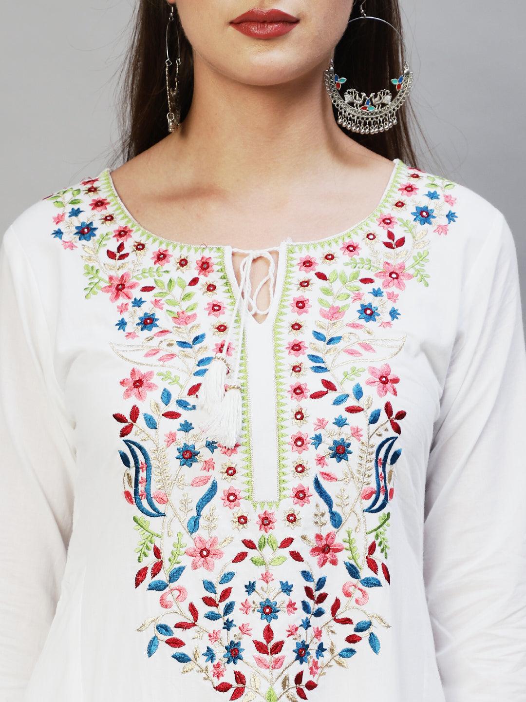 Ethnic Embroidered A-Line Kurta with Palazzo & Dupatta - White - Indiakreations