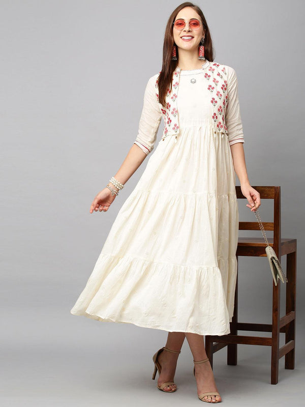 Ethnic Embroidered Tiered Maxi Dress with Embroidered Jacket - Cream - Indiakreations