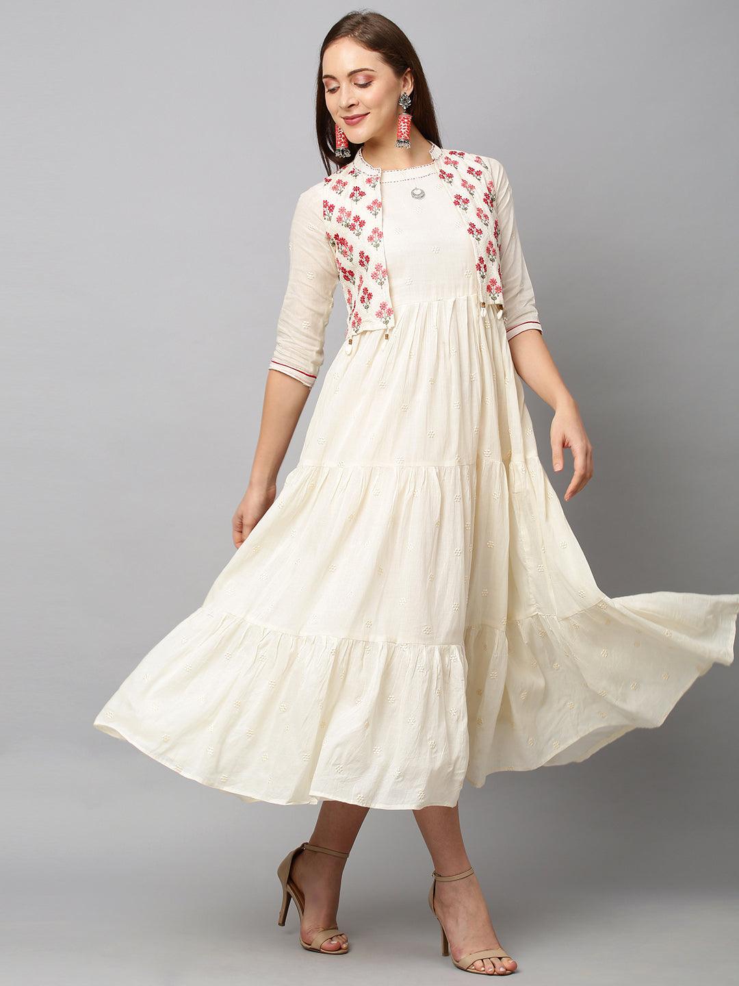 Ethnic Embroidered Tiered Maxi Dress with Embroidered Jacket - Cream - Indiakreations