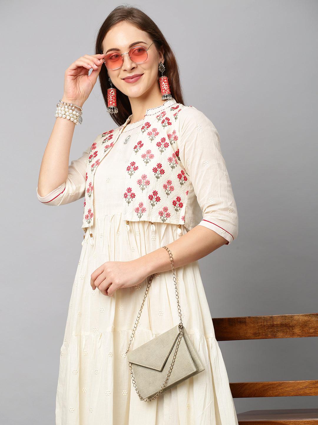 Ethnic Embroidered Tiered Maxi Dress with Embroidered Jacket - Cream - Indiakreations