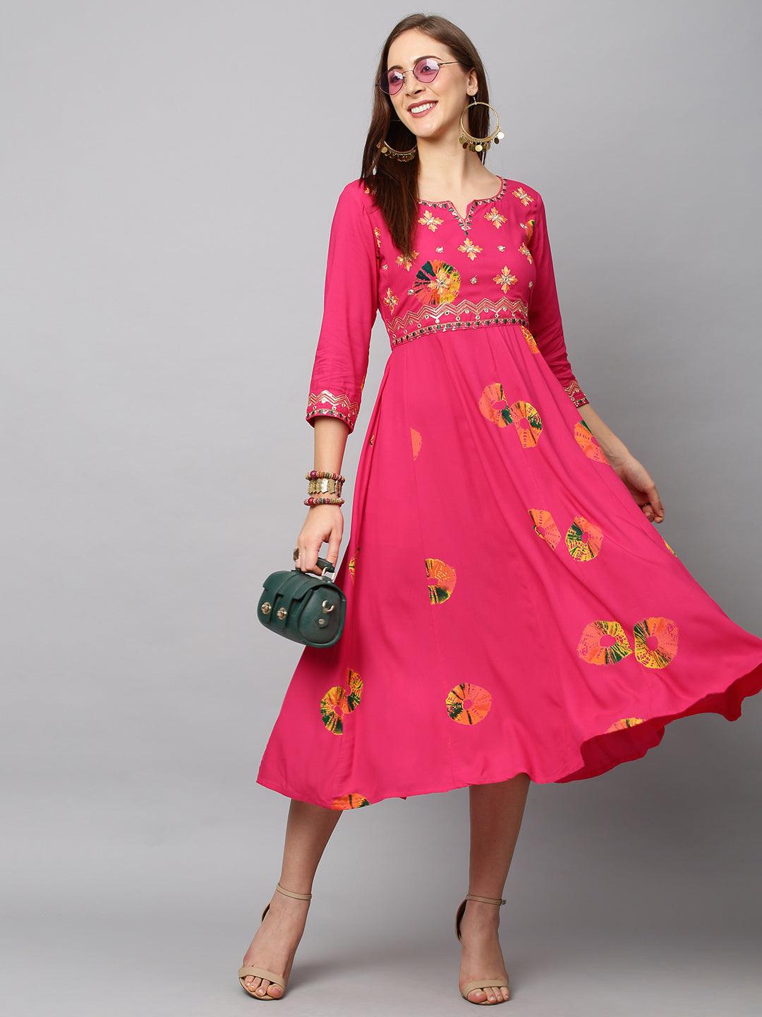 Ethnic Printed & Embroidered Anarkali Flared Midi Dress - Hot Pink - Indiakreations