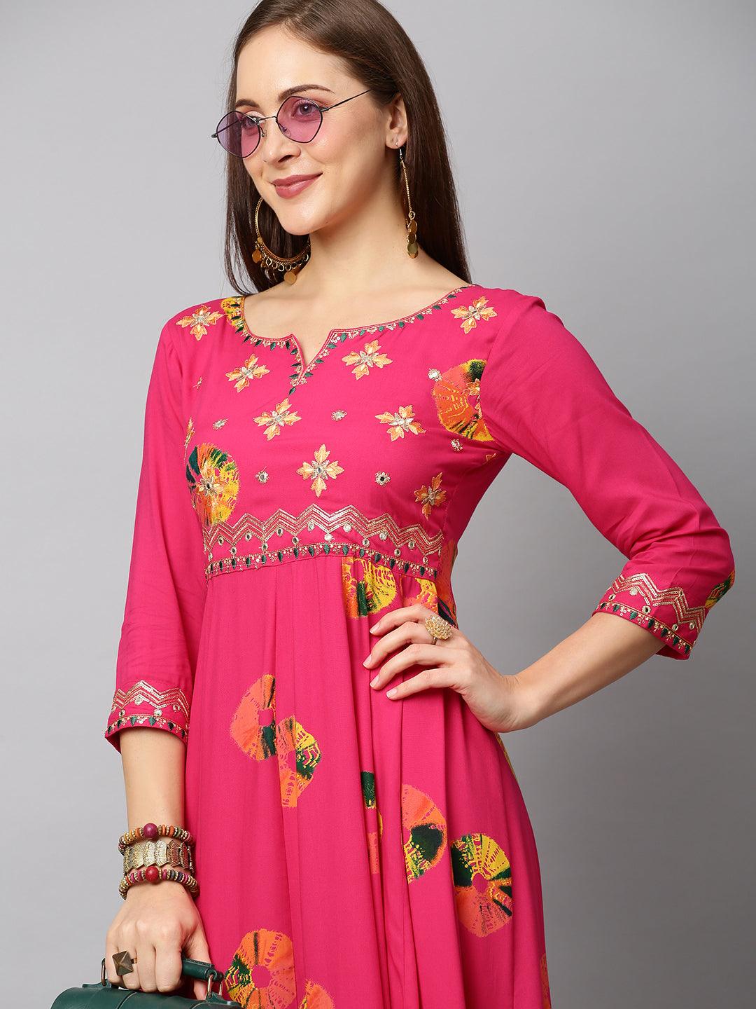 Ethnic Printed & Embroidered Anarkali Flared Midi Dress - Hot Pink - Indiakreations