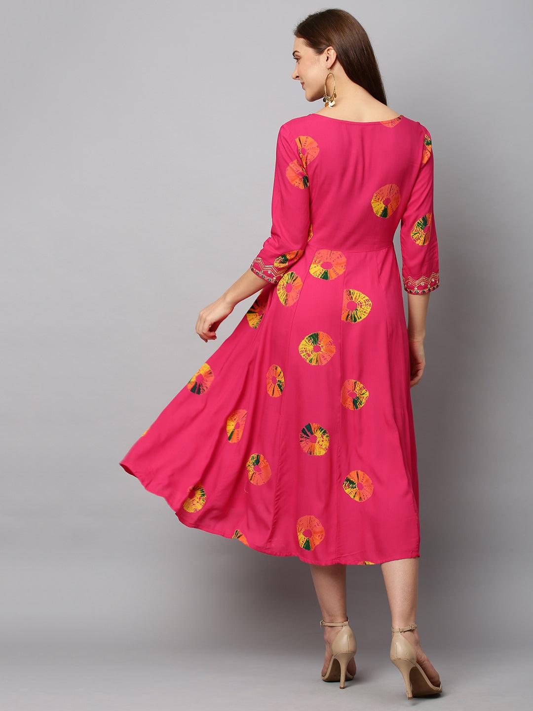 Ethnic Printed & Embroidered Anarkali Flared Midi Dress - Hot Pink - Indiakreations