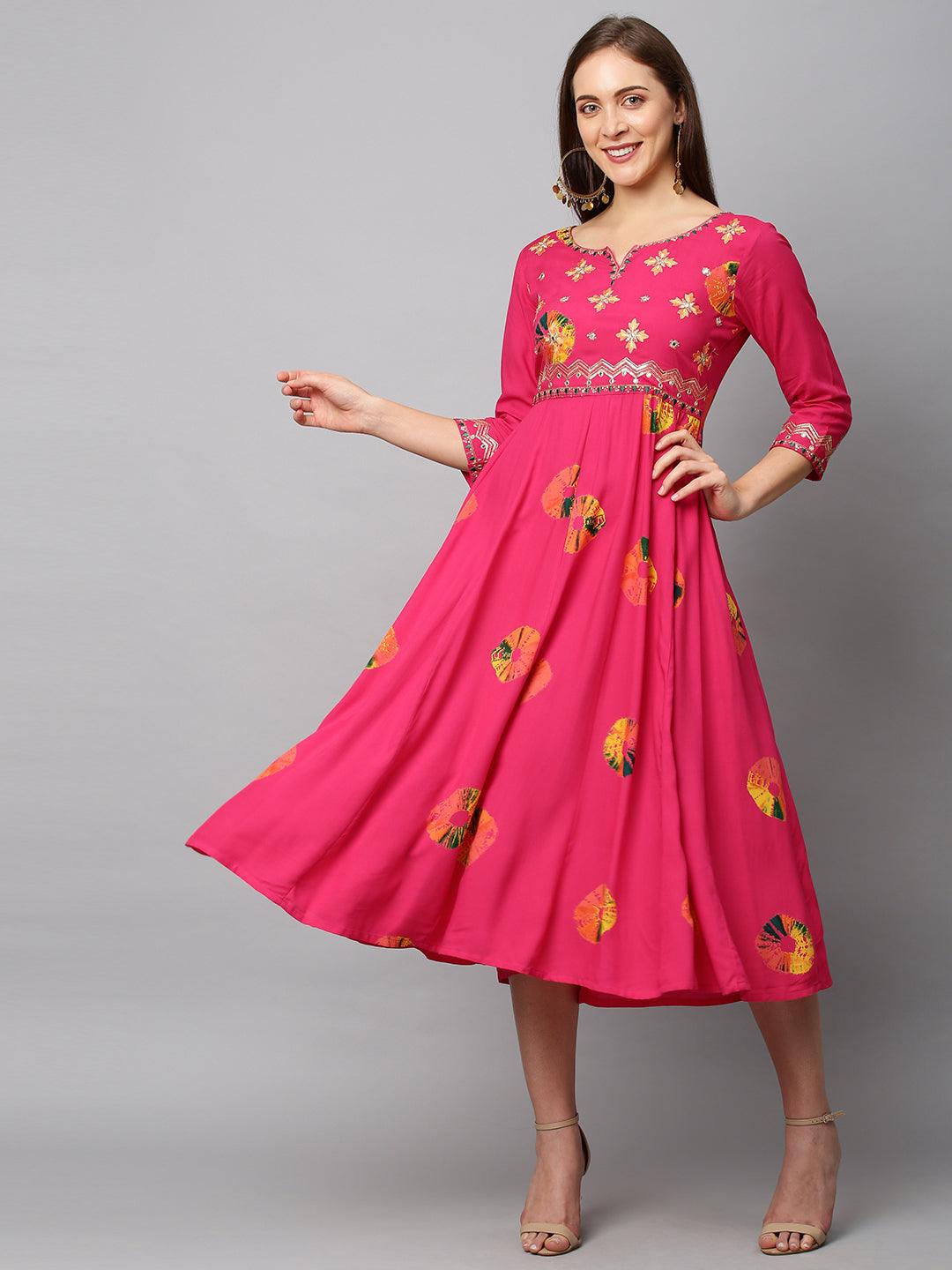 Ethnic Printed & Embroidered Anarkali Flared Midi Dress - Hot Pink - Indiakreations