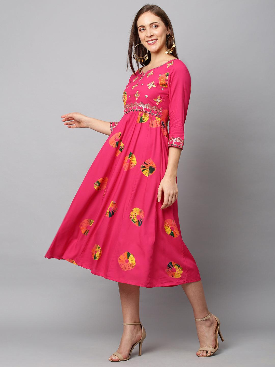 Ethnic Printed & Embroidered Anarkali Flared Midi Dress - Hot Pink - Indiakreations