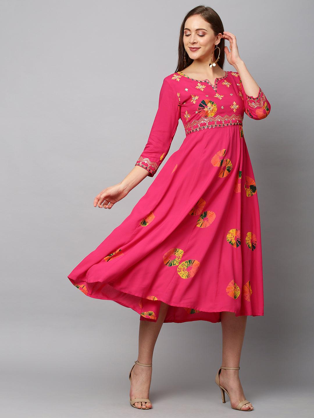 Ethnic Printed & Embroidered Anarkali Flared Midi Dress - Hot Pink - Indiakreations