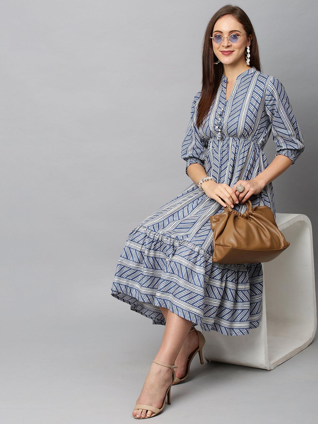 Stripes Printed Flared Midi Dress - Blue - Indiakreations