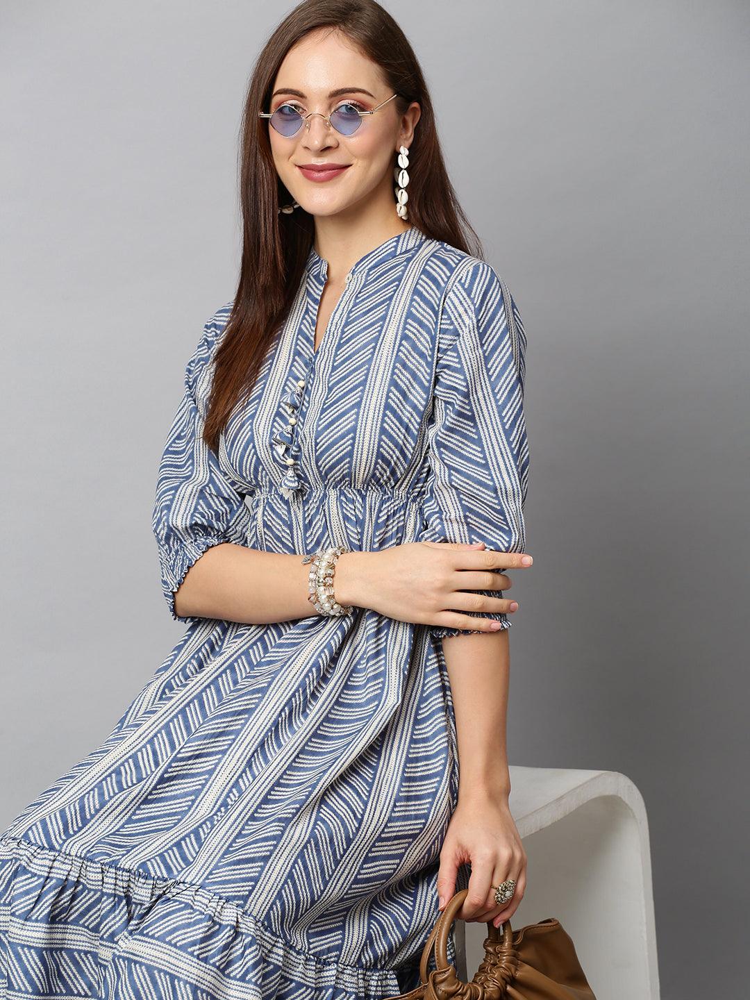 Stripes Printed Flared Midi Dress - Blue - Indiakreations