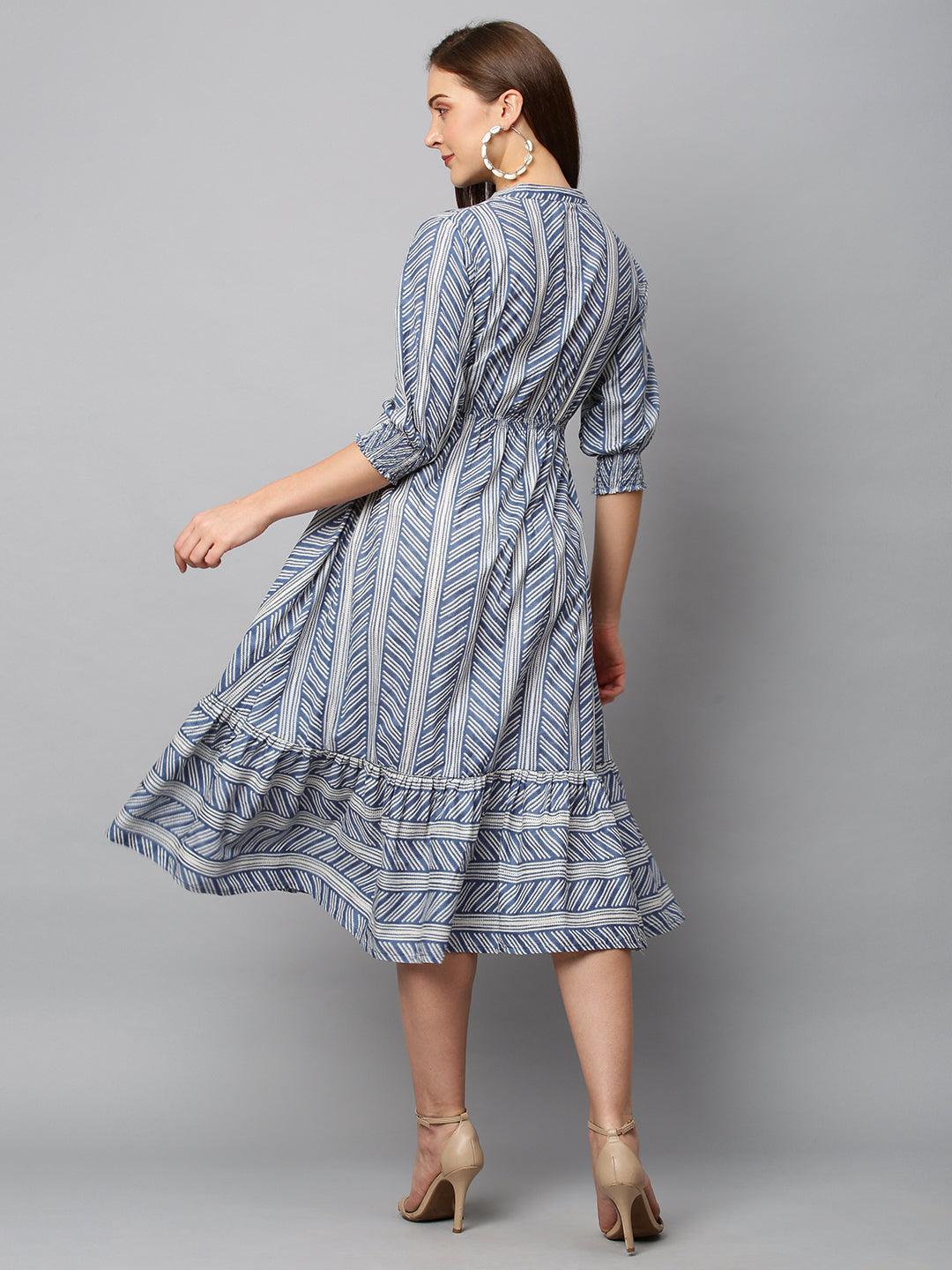 Stripes Printed Flared Midi Dress - Blue - Indiakreations