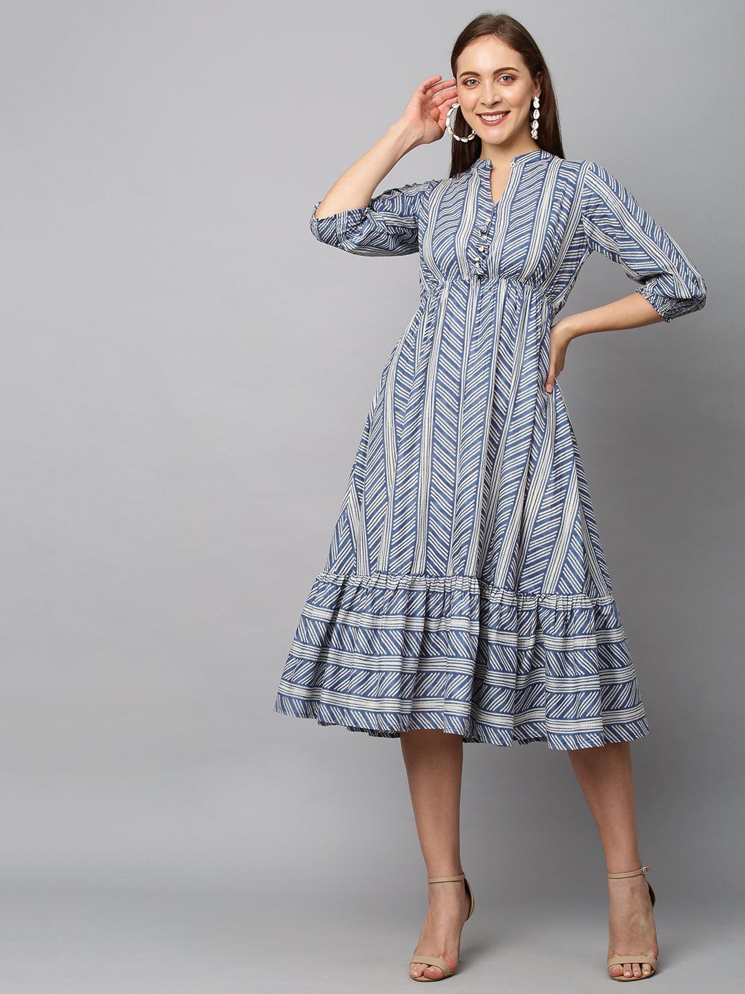 Stripes Printed Flared Midi Dress - Blue - Indiakreations