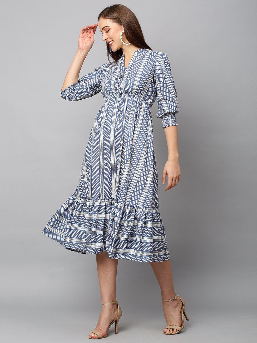 Stripes Printed Flared Midi Dress - Blue - Indiakreations