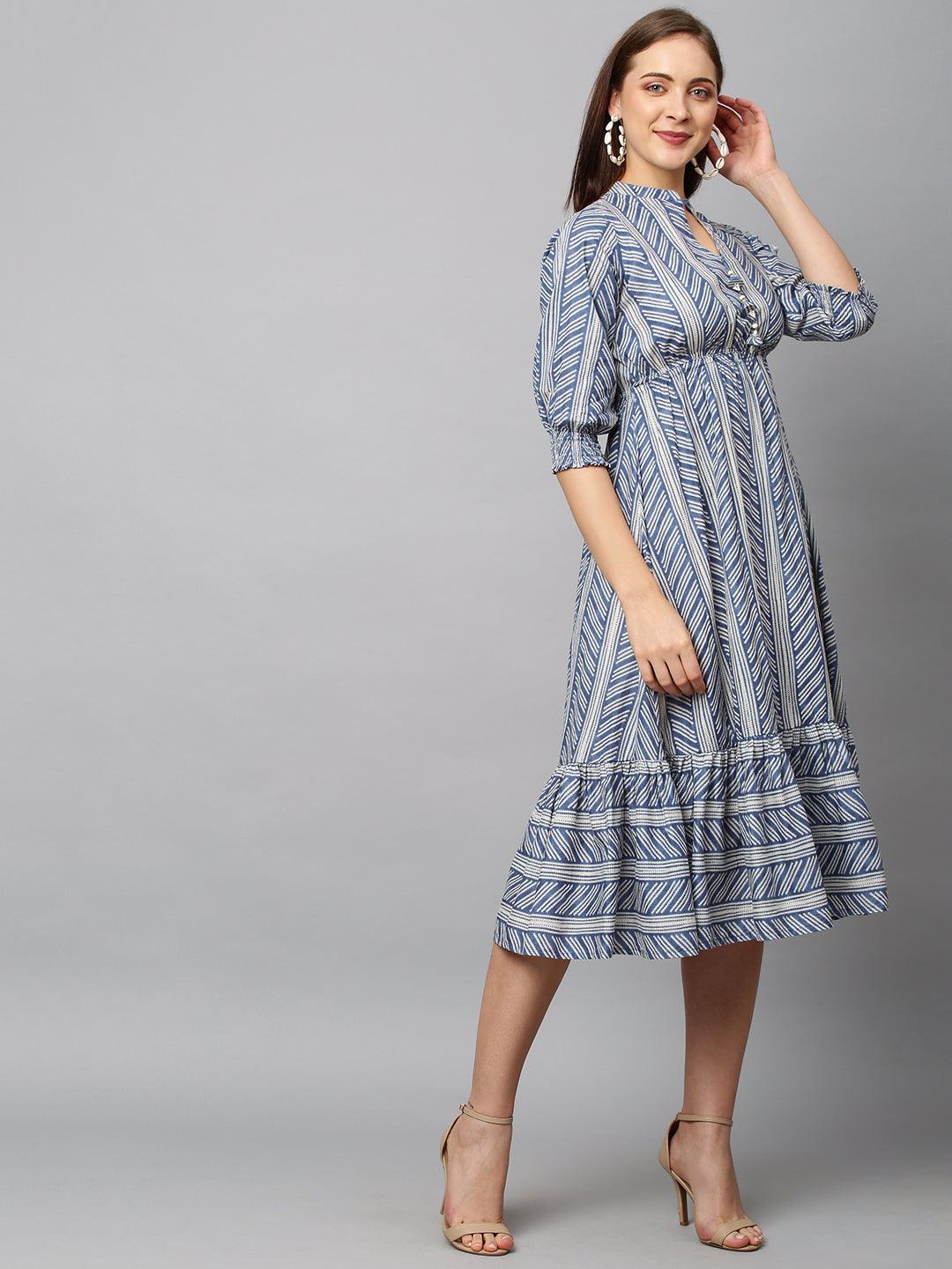 Stripes Printed Flared Midi Dress - Blue - Indiakreations