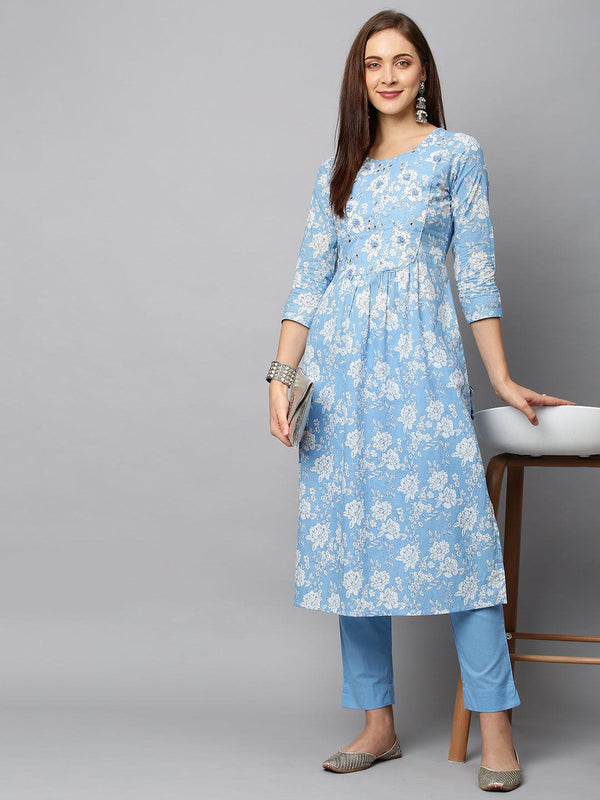 Floral Printed & Embroidered A-Line Kurta with Pants - Light Blue - Indiakreations