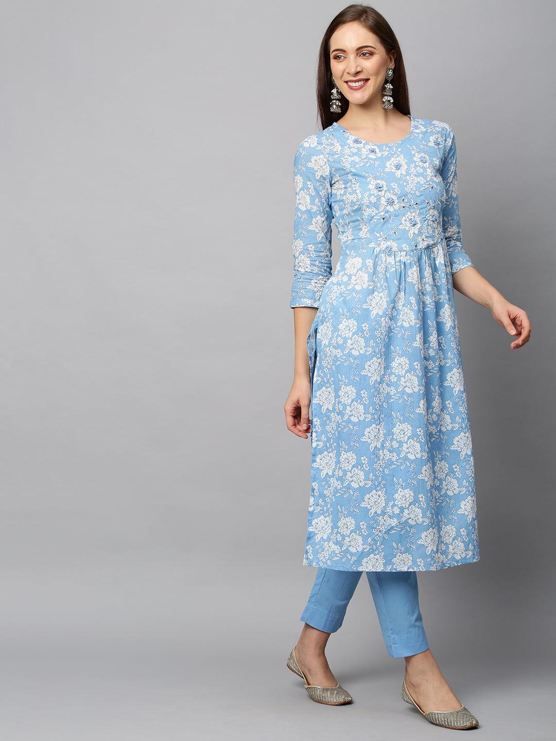 Floral Printed & Embroidered A-Line Kurta with Pants - Light Blue - Indiakreations