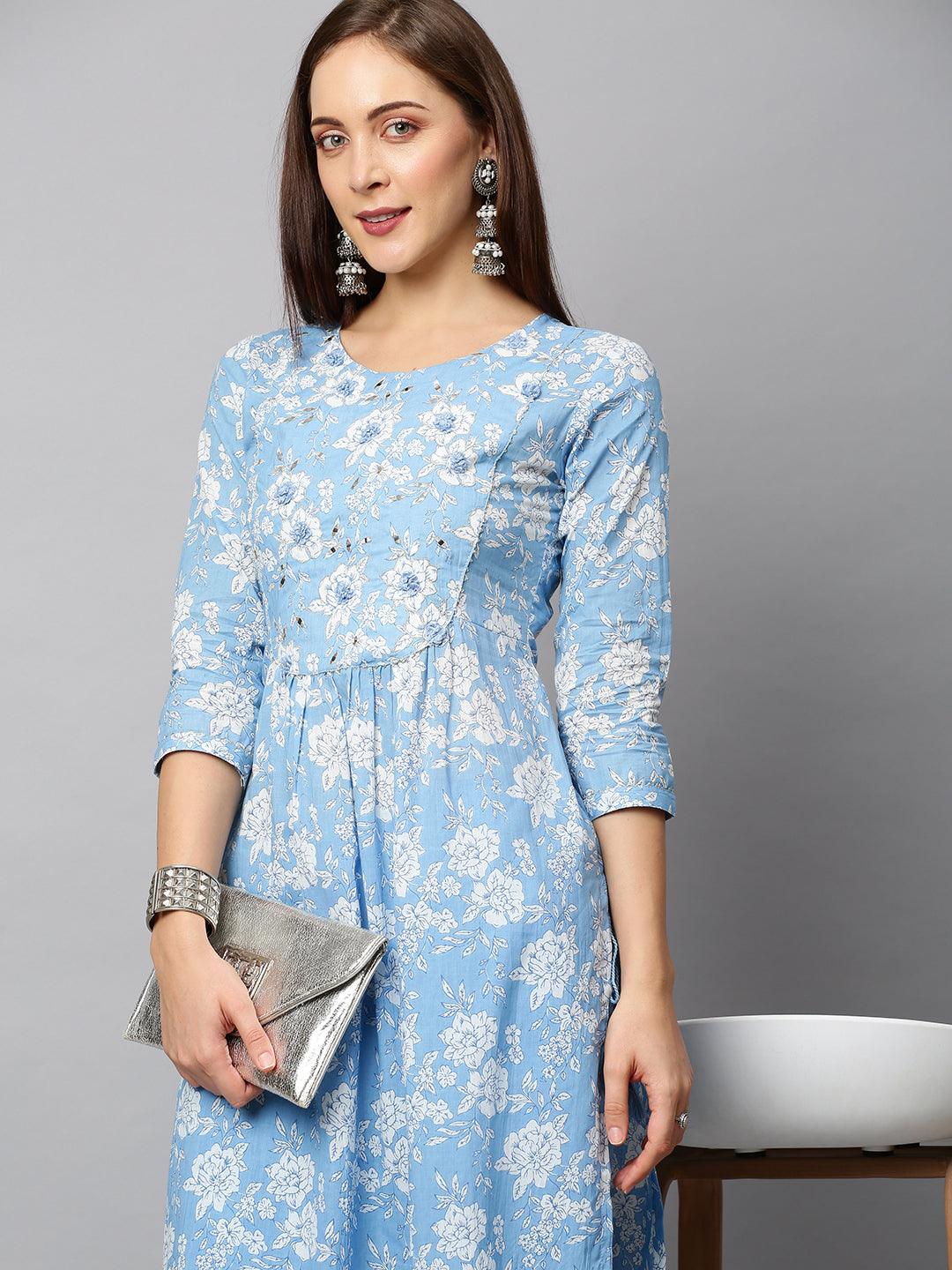 Floral Printed & Embroidered A-Line Kurta with Pants - Light Blue - Indiakreations