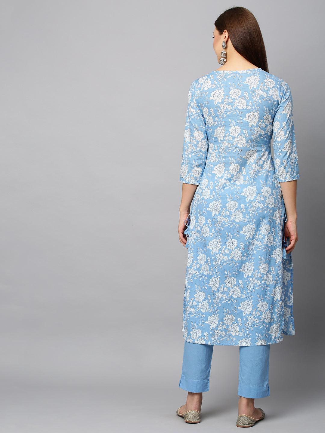 Floral Printed & Embroidered A-Line Kurta with Pants - Light Blue - Indiakreations