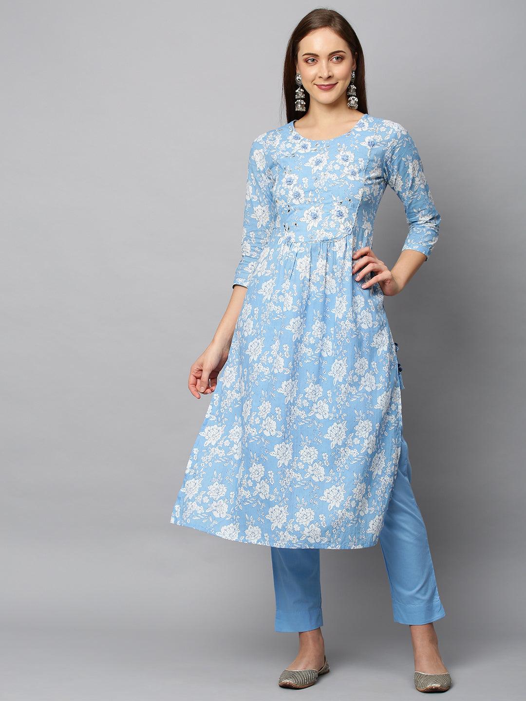 Floral Printed & Embroidered A-Line Kurta with Pants - Light Blue - Indiakreations