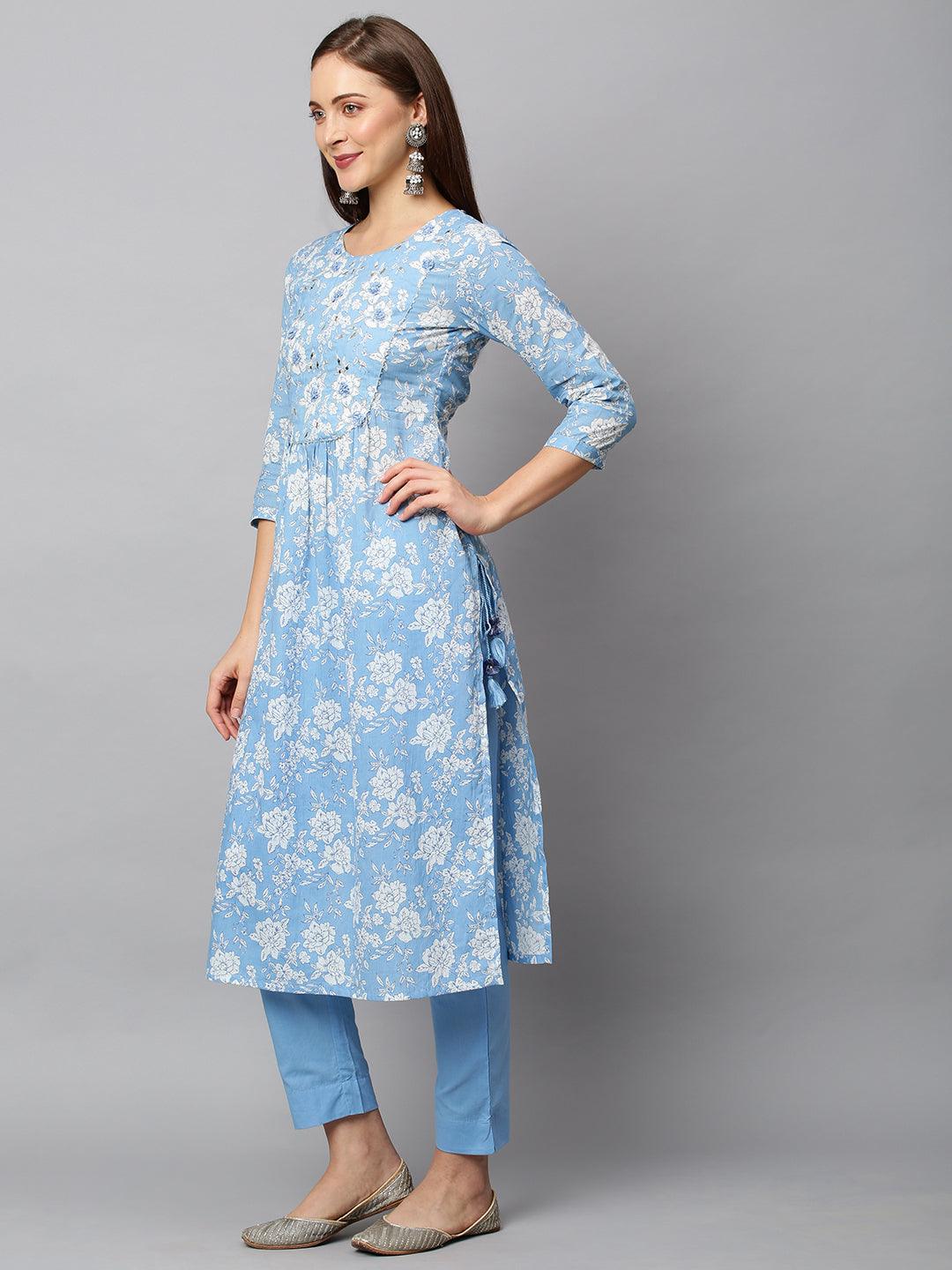 Floral Printed & Embroidered A-Line Kurta with Pants - Light Blue - Indiakreations