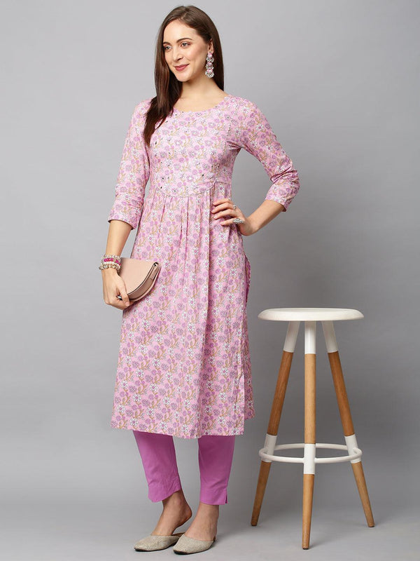 Floral Printed & Embroidered A-Line Kurta with Pants - Light Pink - Indiakreations