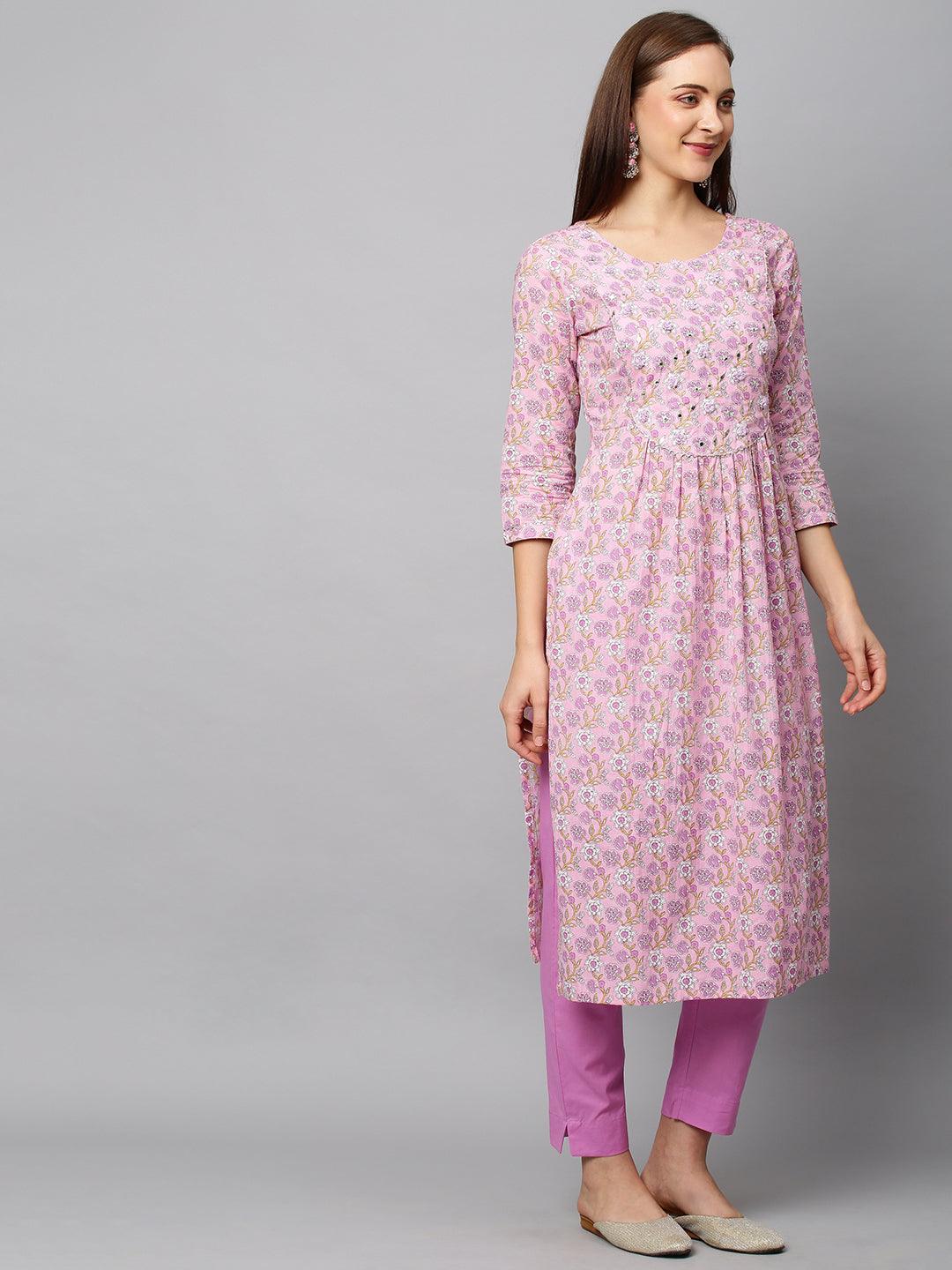 Floral Printed & Embroidered A-Line Kurta with Pants - Light Pink - Indiakreations