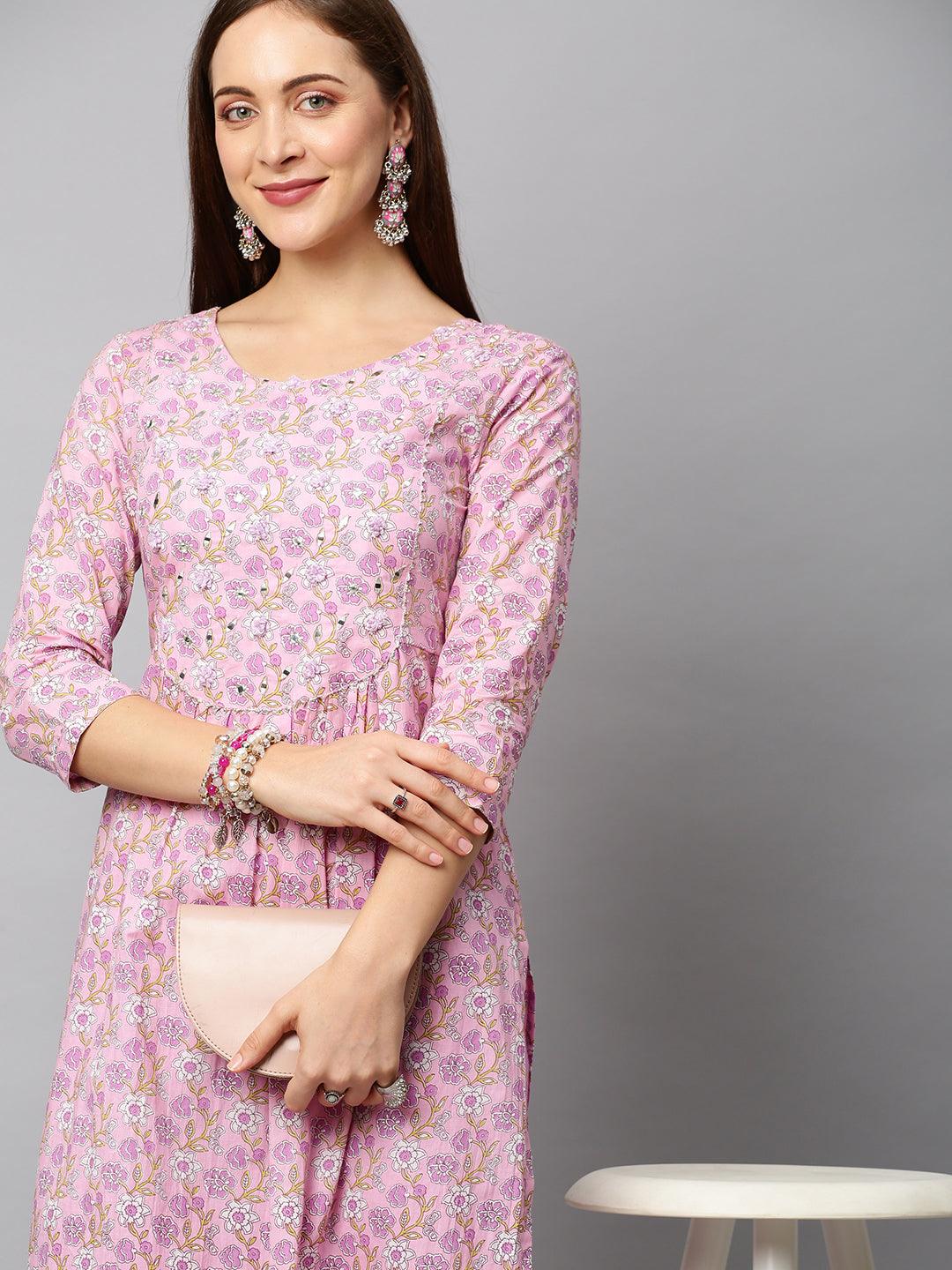 Floral Printed & Embroidered A-Line Kurta with Pants - Light Pink - Indiakreations