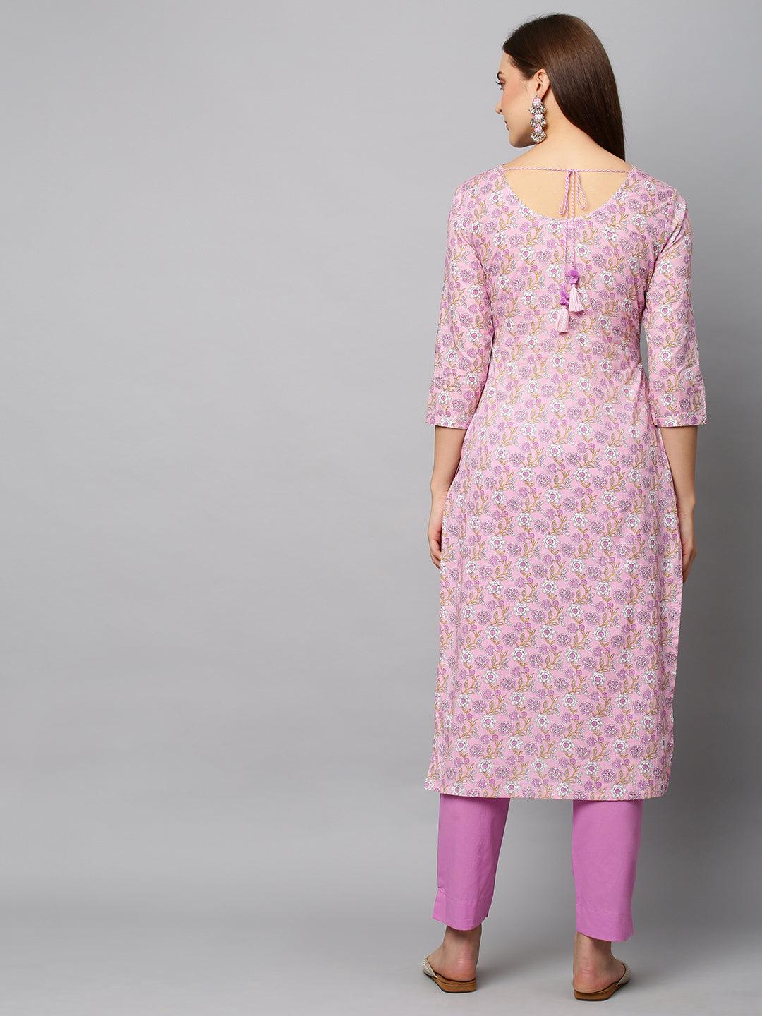 Floral Printed & Embroidered A-Line Kurta with Pants - Light Pink - Indiakreations