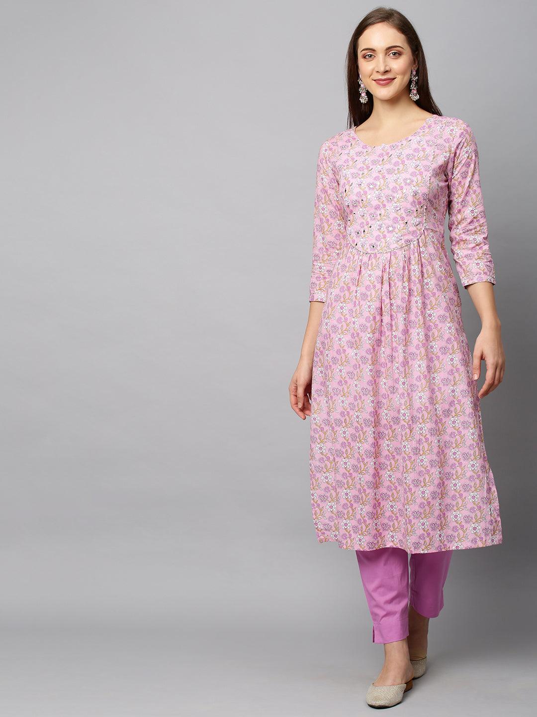 Floral Printed & Embroidered A-Line Kurta with Pants - Light Pink - Indiakreations