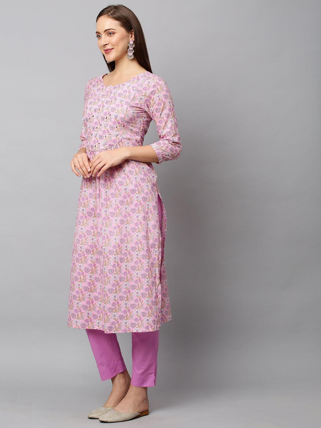 Floral Printed & Embroidered A-Line Kurta with Pants - Light Pink - Indiakreations