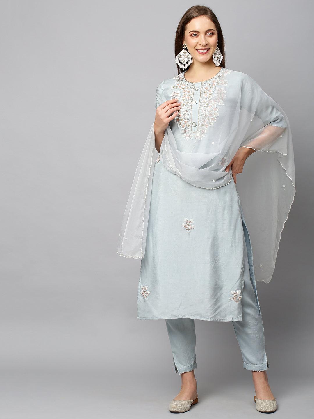 Floral Hand Embroidered Straight Fit Kurta with Pants & Dupatta - Powder Blue - Indiakreations