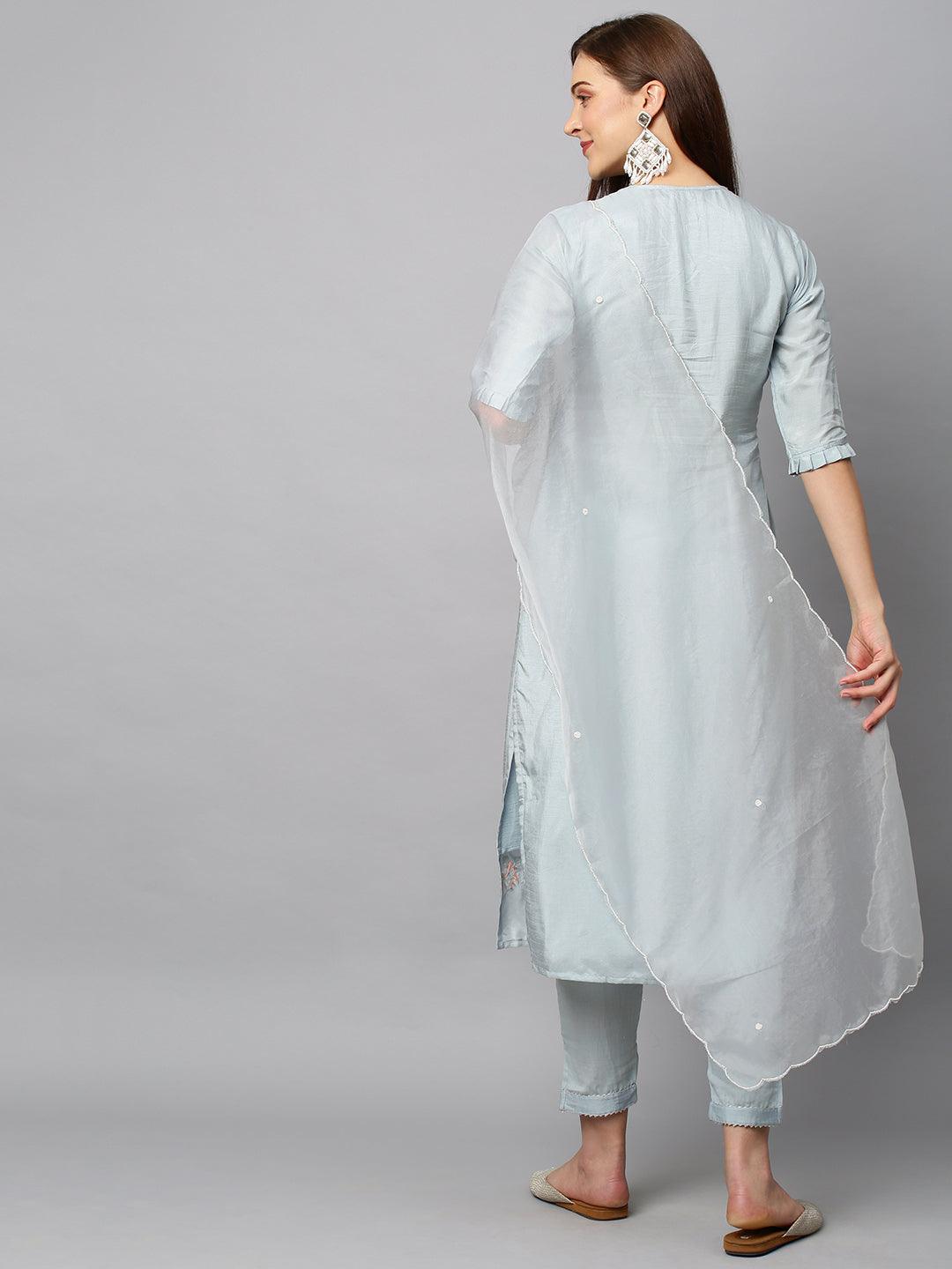 Floral Hand Embroidered Straight Fit Kurta with Pants & Dupatta - Powder Blue - Indiakreations