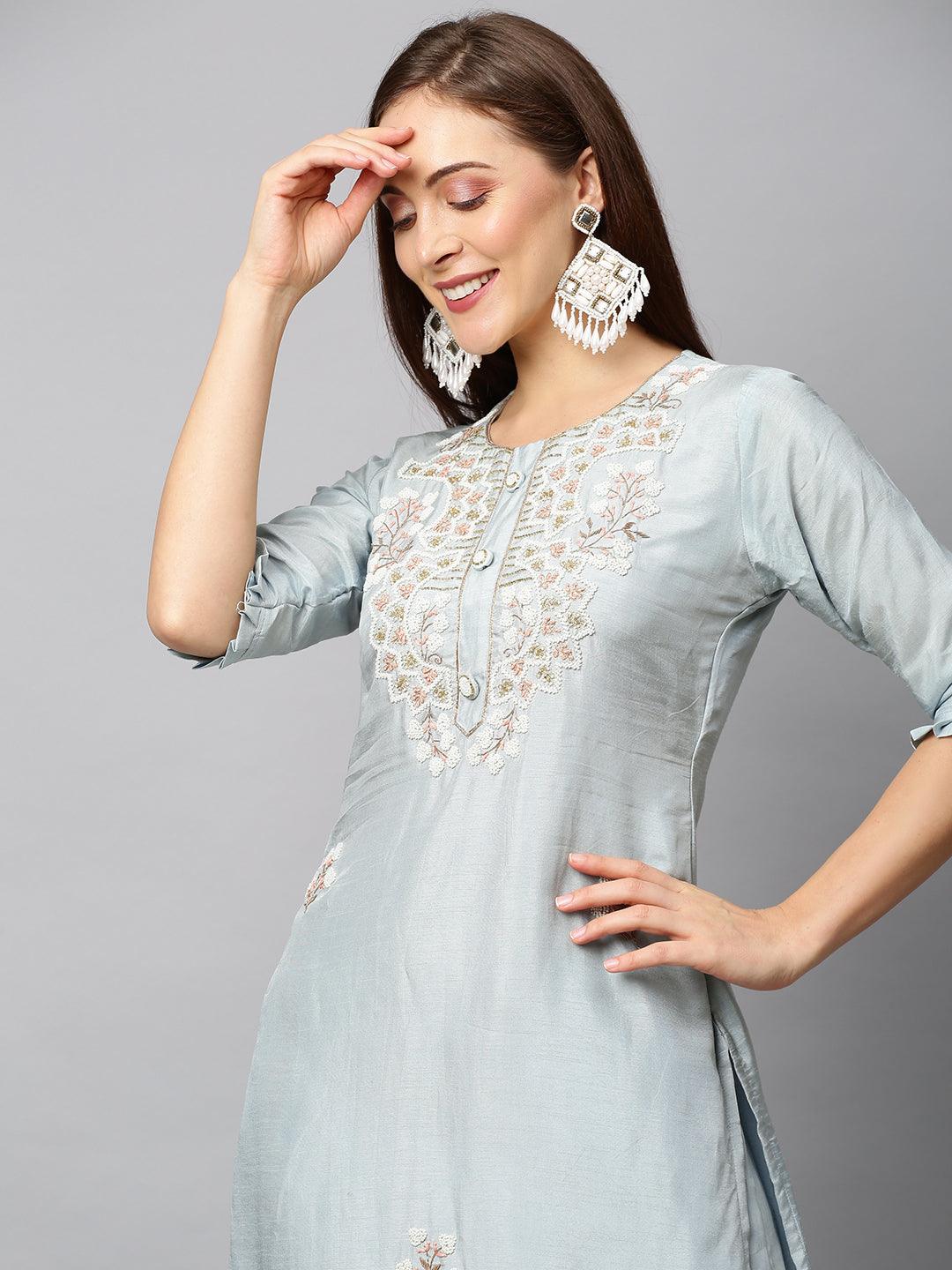 Floral Hand Embroidered Straight Fit Kurta with Pants & Dupatta - Powder Blue - Indiakreations