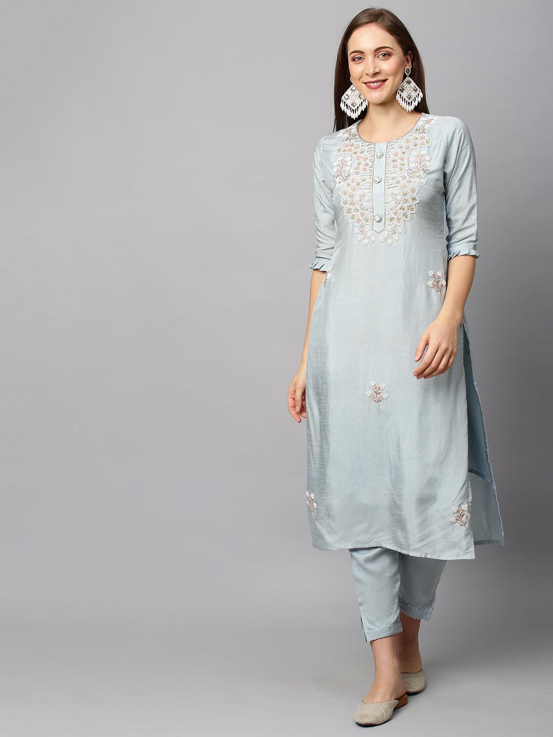 Floral Hand Embroidered Straight Fit Kurta with Pants & Dupatta - Powder Blue - Indiakreations