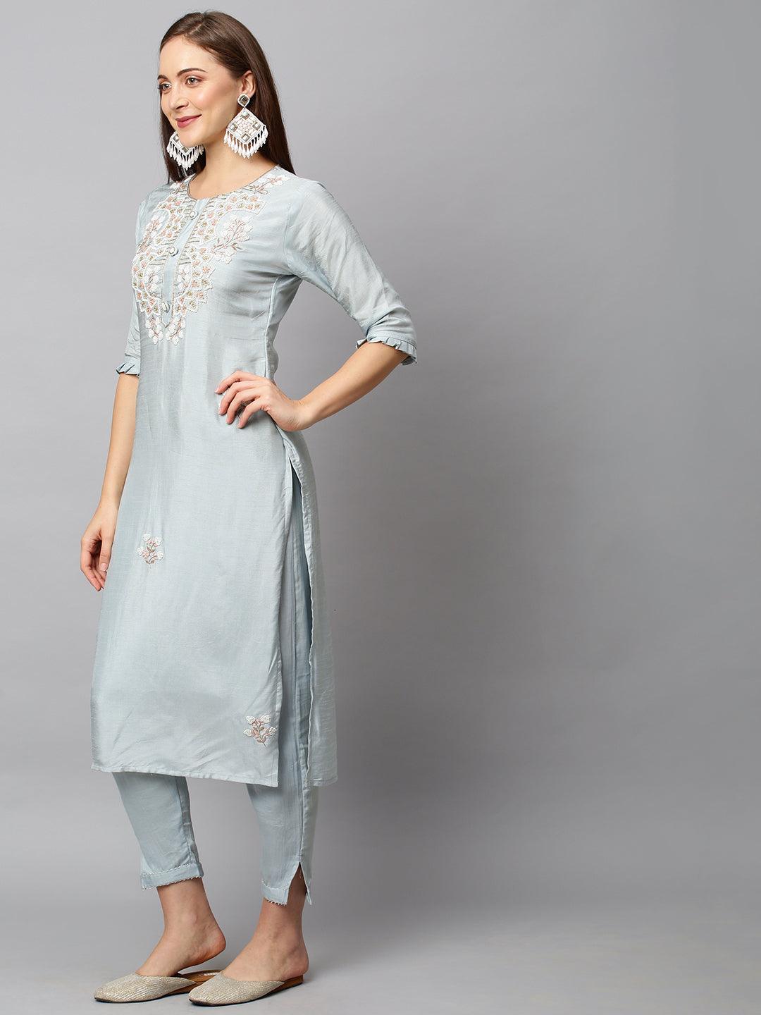 Floral Hand Embroidered Straight Fit Kurta with Pants & Dupatta - Powder Blue - Indiakreations