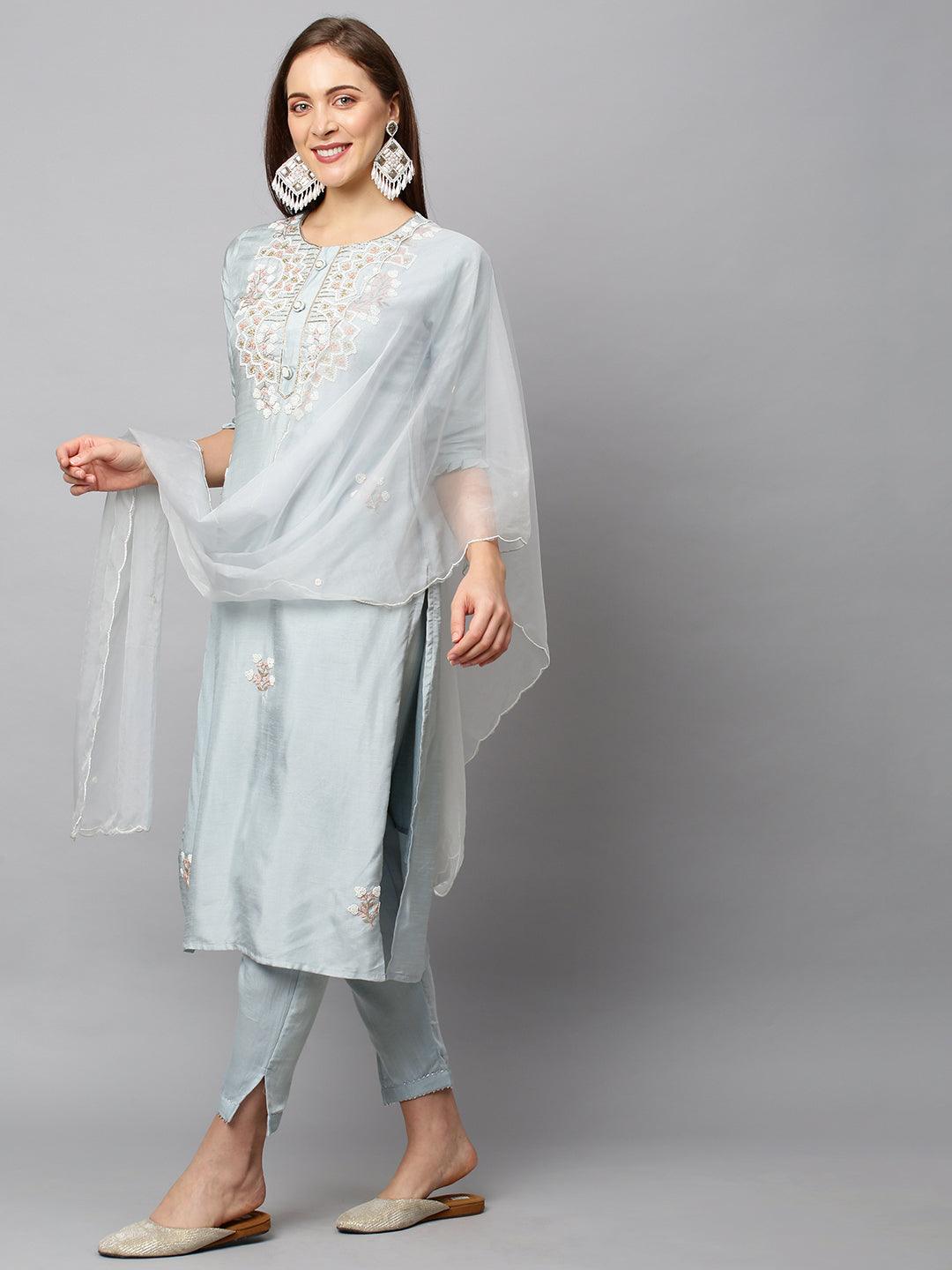 Floral Hand Embroidered Straight Fit Kurta with Pants & Dupatta - Powder Blue - Indiakreations