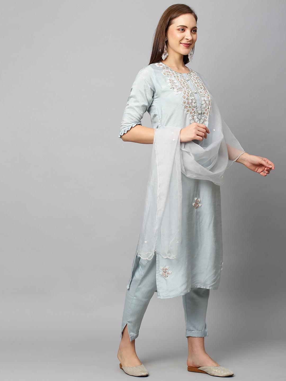 Floral Hand Embroidered Straight Fit Kurta with Pants & Dupatta - Powder Blue - Indiakreations