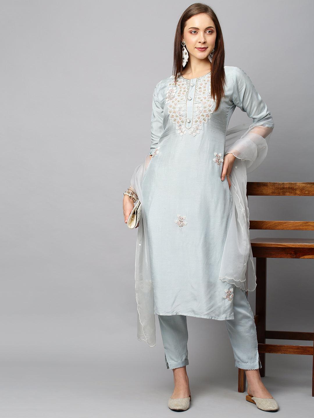 Floral Hand Embroidered Straight Fit Kurta with Pants & Dupatta - Powder Blue - Indiakreations