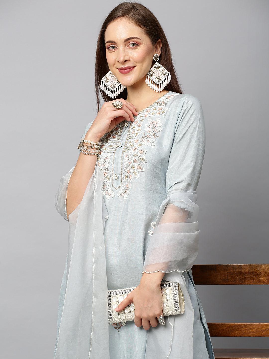 Floral Hand Embroidered Straight Fit Kurta with Pants & Dupatta - Powder Blue - Indiakreations