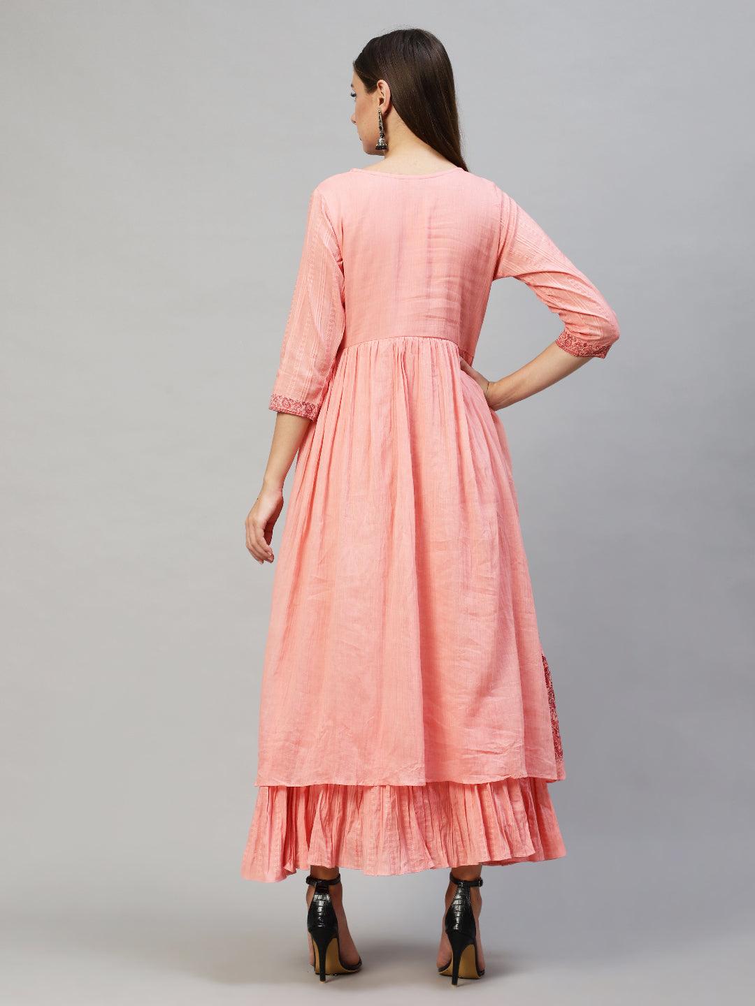 Ethnic Printed Tiered Flared Maxi Dress - Peach - Indiakreations