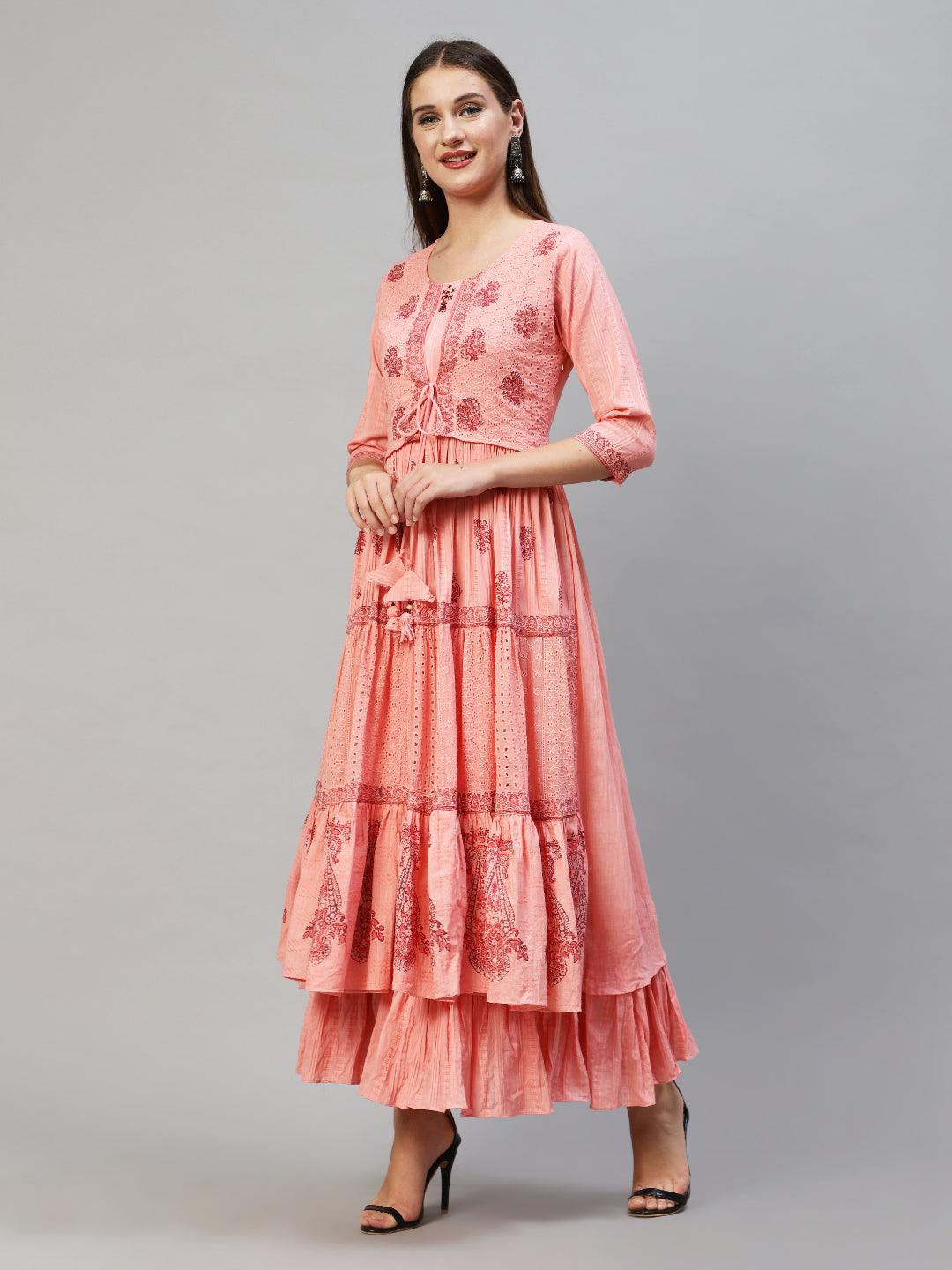 Ethnic Printed Tiered Flared Maxi Dress - Peach - Indiakreations