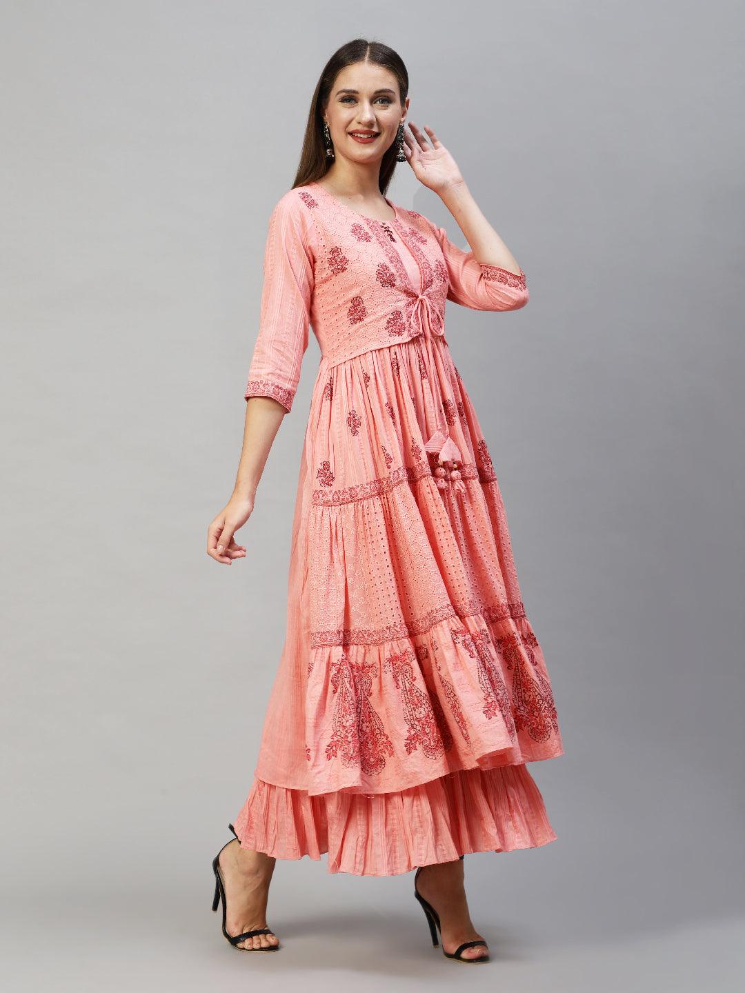 Ethnic Printed Tiered Flared Maxi Dress - Peach - Indiakreations