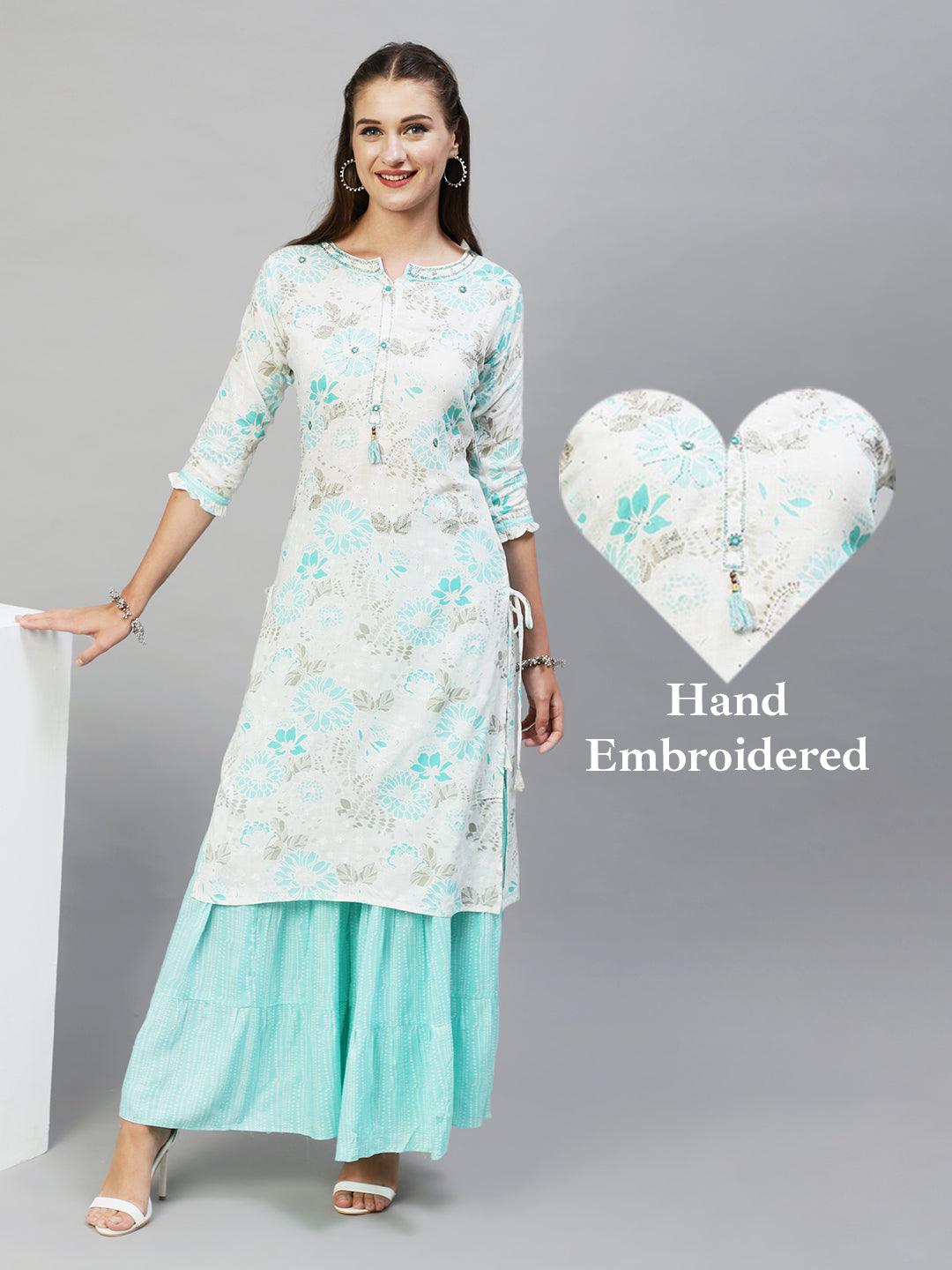 Floral Printed & Hand Embroidered Straight Fit Kurta with Sharara - Off White - Indiakreations