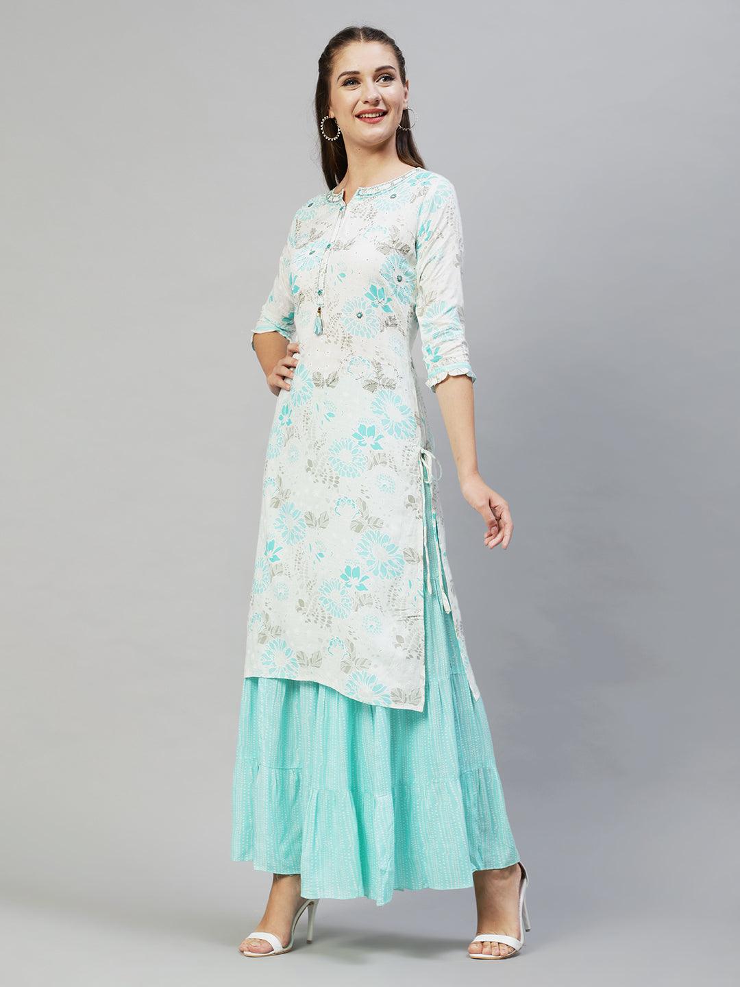 Floral Printed & Hand Embroidered Straight Fit Kurta with Sharara - Off White - Indiakreations