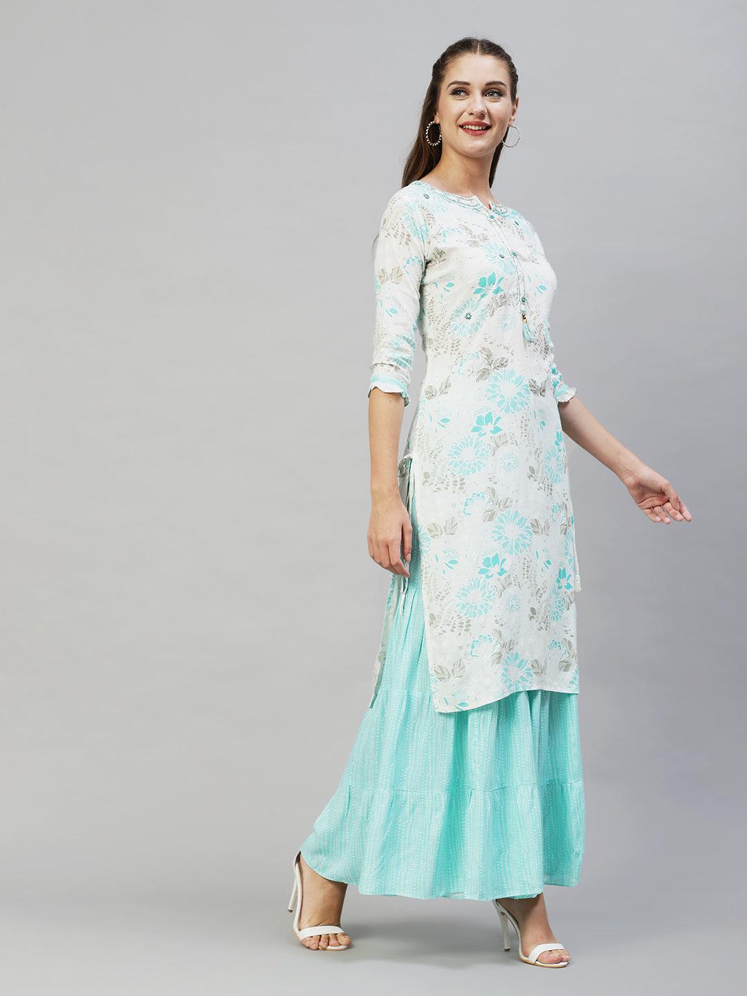 Floral Printed & Hand Embroidered Straight Fit Kurta with Sharara - Off White - Indiakreations