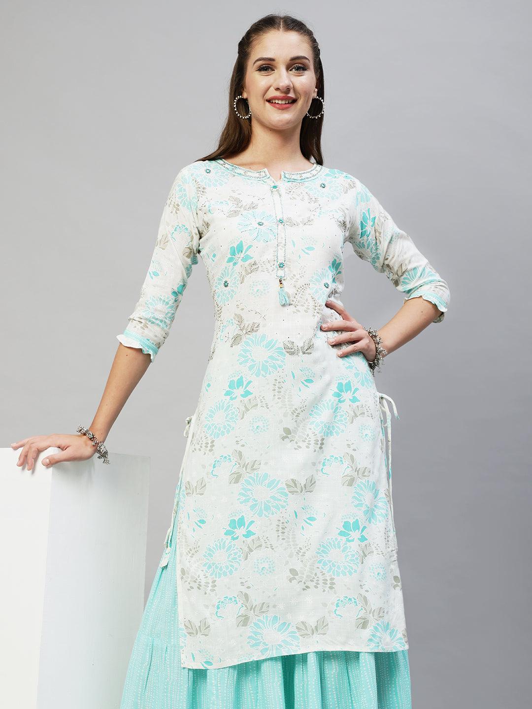 Floral Printed & Hand Embroidered Straight Fit Kurta with Sharara - Off White - Indiakreations