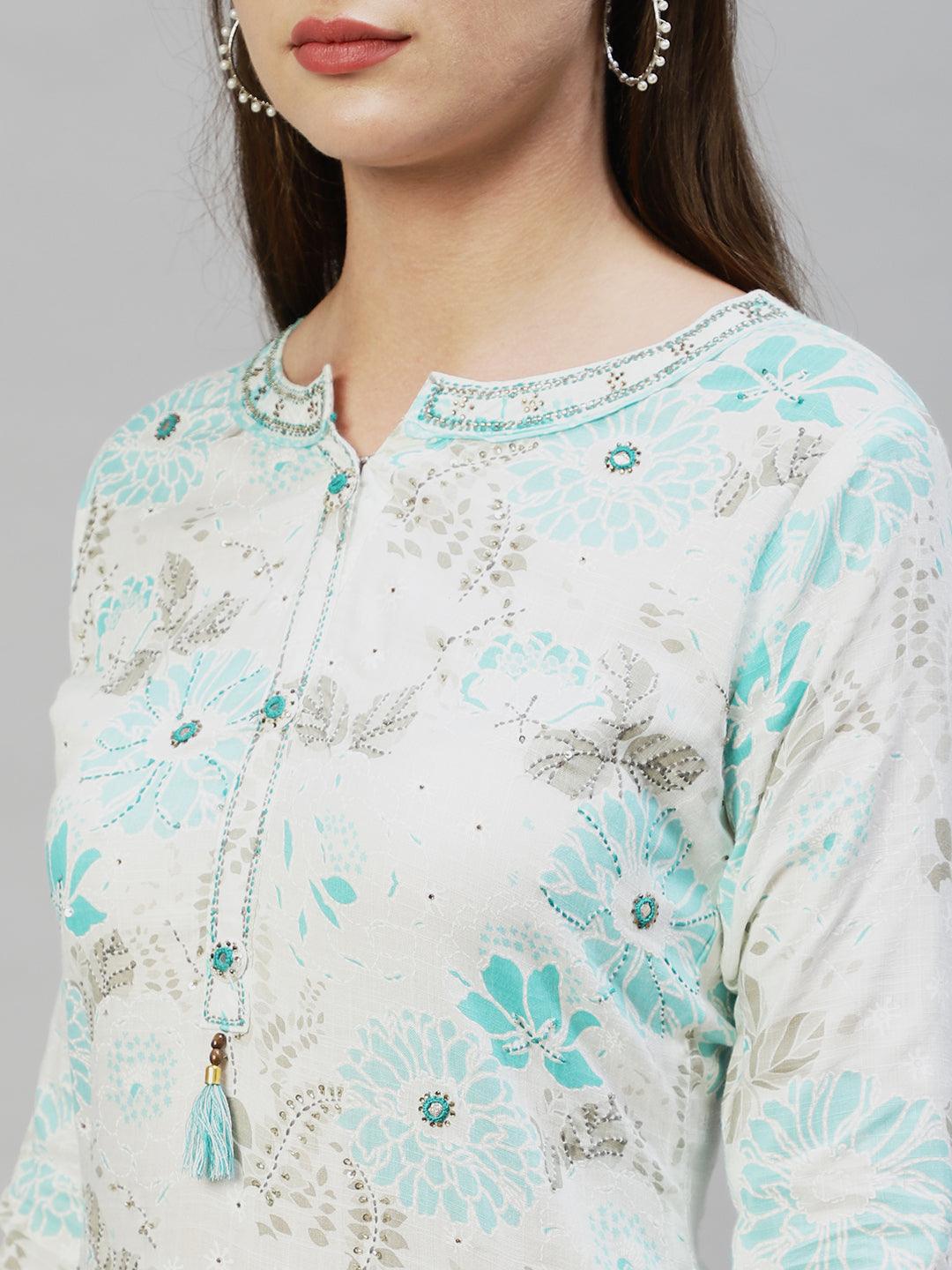 Floral Printed & Hand Embroidered Straight Fit Kurta with Sharara - Off White - Indiakreations