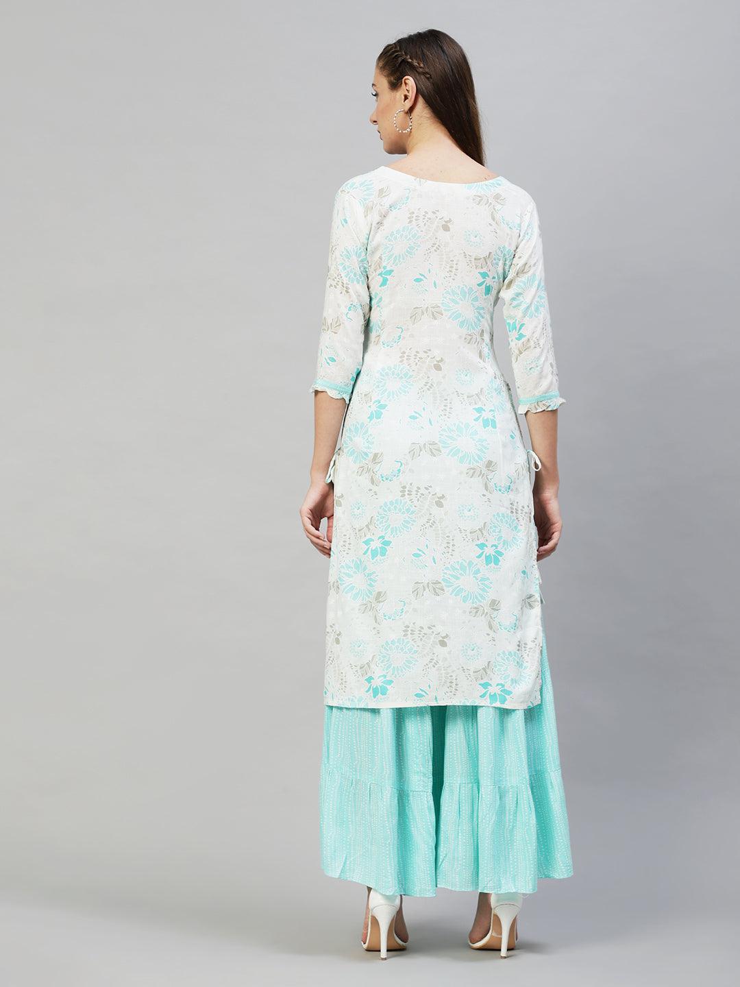 Floral Printed & Hand Embroidered Straight Fit Kurta with Sharara - Off White - Indiakreations