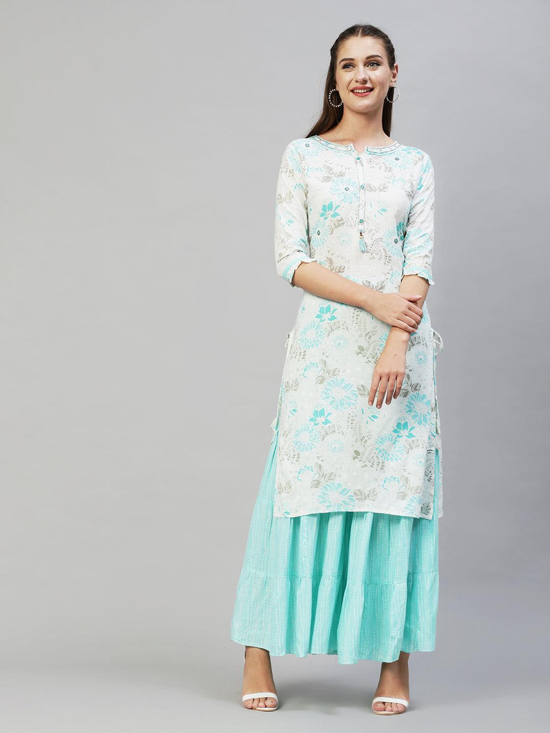 Floral Printed & Hand Embroidered Straight Fit Kurta with Sharara - Off White - Indiakreations